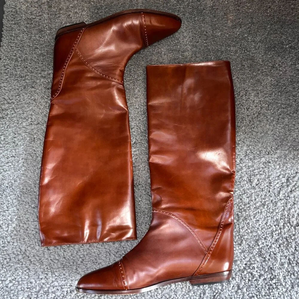 BASSOTTO KNEE HIGH RIDING BOOTS COGNAC LEATHER BROGUE DETAILS MADE IN ITALY EU40